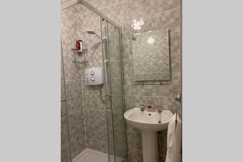 y baño con lavabo y ducha acristalada. en Two Bedroom Town House Beside The River Barrow en Carlow