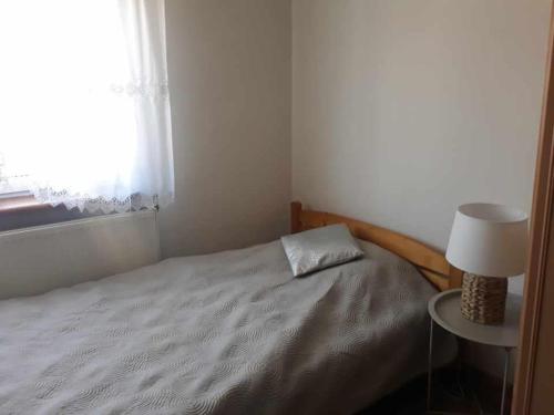 a bedroom with a bed with a lamp and a window at U Eli I Tomka in Krzyżowa