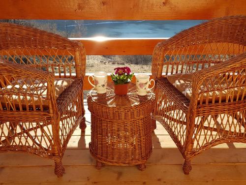謝尼察的住宿－Biserna Dolina Uvac，两张藤椅和一张带鲜花的桌子