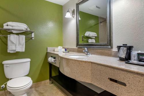 a bathroom with a toilet and a sink with a mirror at Sleep Inn & Suites in Brunswick