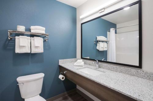 a bathroom with a toilet and a sink with a mirror at WoodSpring Suites Detroit Madison Heights in Madison Heights