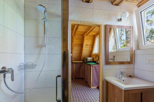 ein Bad mit einer Dusche und einem Waschbecken in der Unterkunft Duża Woda in Dąbrówno