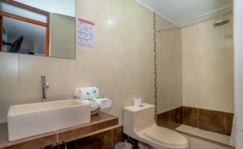 La salle de bains est pourvue d'un lavabo, de toilettes et d'un miroir. dans l'établissement Hotel Machupicchu Inn, à Machu Picchu