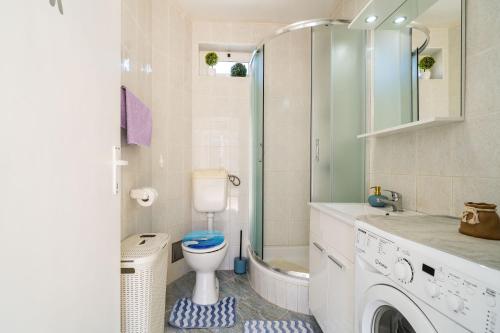 a bathroom with a toilet and a walk in shower at Guest House Godimento in Čilipi