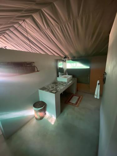 una vista sul soffitto di una camera con letto e lavandino di Limpopo Bushveld Retreat a Vaalwater