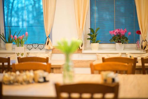 a dining room with tables and chairs and potted plants at Penzion a restaurace Zlatovláska u zámku Červená Lhota in Jižná
