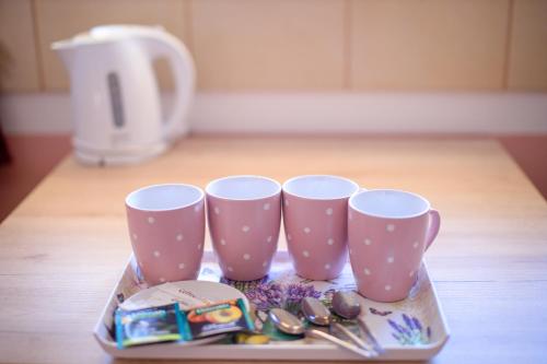 a tray with three cups and spoons on a table at Penzion a restaurace Zlatovláska u zámku Červená Lhota in Jižná