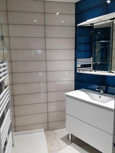 une salle de bain avec un lavabo et un miroir dans l'établissement Cap Negre villa, à Six-Fours-les-Plages