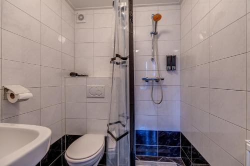 a bathroom with a shower and a toilet and a sink at B&B Larenstein logeren in een tiny house in Velp