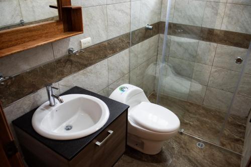 a bathroom with a sink and a toilet and a shower at Hotel Imperial Zumbahua & Quilotoa Lodge in Zumbahua