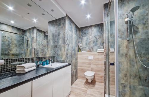 a bathroom with a shower and a sink and a toilet at Apartamenty Homely Place Centrum - Stary Rynek - Parking in Poznań