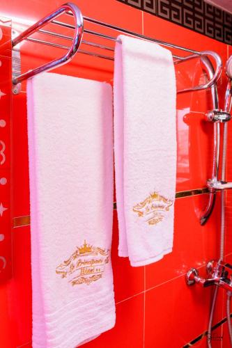 two towels are hanging on a rack in a bathroom at Hôtel La Principauté Douala Bonapriso in Douala