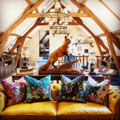 a cat standing on top of a couch in a room at Moulin Royale in Saint-Etienne-Roilaye