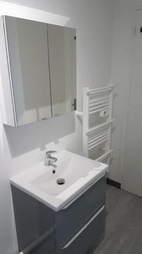 een witte badkamer met een wastafel en een spiegel bij Appartement T1 central pour cures courts séjours in Saint-Paul-lès-Dax