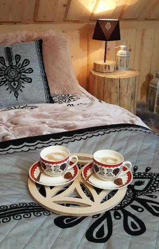 two coffee cups on a tray on a bed at VILLA JAGODOVO Biały Dunajec in Biały Dunajec