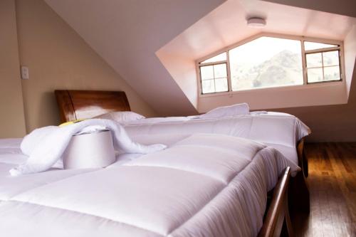 two beds in a attic room with a window at Hotel Imperial Zumbahua & Quilotoa Lodge in Zumbahua