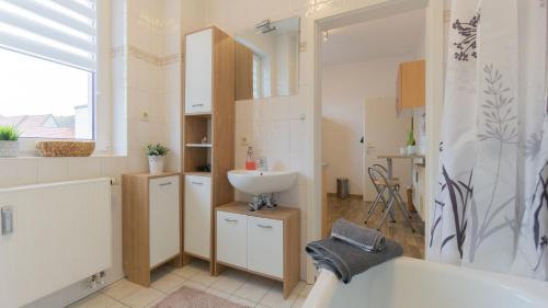 ein Badezimmer mit einem Waschbecken und einer Badewanne in der Unterkunft *Central_50m2_Kitchen_Washer_Netflix_Parking in Cottbus