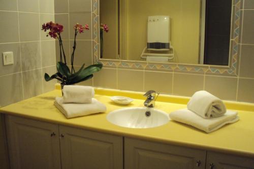 a bathroom sink with towels and a vase with flowers at Logis Hôtel Les 3B in Nouilhan