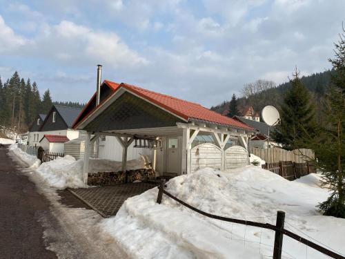 a house with snow on the side of a road at Detached holiday home with fenced garden in Schmiedefeld am Rennsteig