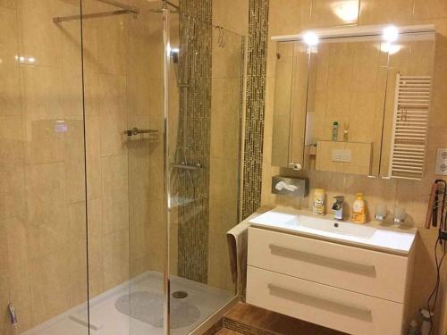 y baño con ducha y lavamanos. en Apartment in Balatonboglar 37959 en Balatonboglár