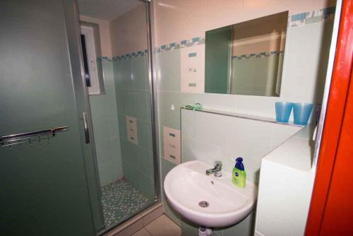 y baño con ducha acristalada y lavamanos. en Holiday home Podbanske/Hohe Tatra 26186, en Podbanské