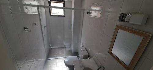ein Bad mit einem WC, einer Dusche und einem Spiegel in der Unterkunft Guarujá praia da Enseada in Guarujá
