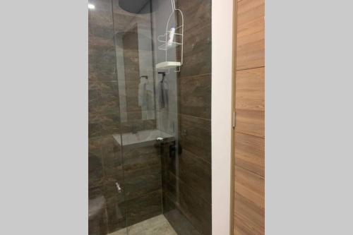 a shower with a glass door in a bathroom at Apartasuite exclusivo VIP El Rodadero Santa Marta in Rodadero