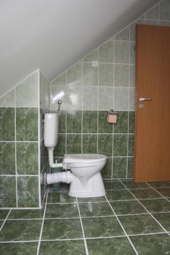 a bathroom with a toilet in a green tiled wall at Erdős Apartments in Mosonmagyaróvár