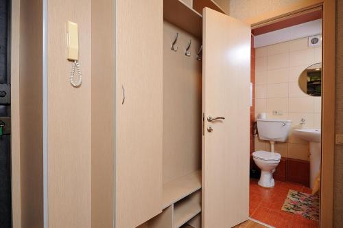 オムスクにあるOmsk Sutki Apartments on Irtyshskaya Naberezhnaya 13のバスルーム(トイレ付)、電話が備わります。