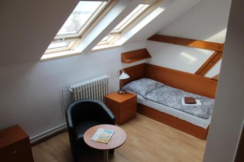 a small attic bedroom with a bed and a chair at Ubytování Na špejcharu, Želevčice in Slaný