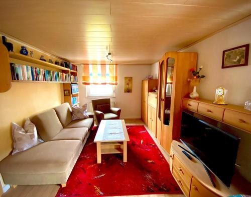 ein Wohnzimmer mit einer weißen Couch und einem roten Teppich in der Unterkunft Gästehaus Lang in Wunsiedel