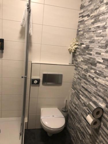 a bathroom with a toilet and a tile wall at Hotel am Brünnchen in Oberbaar