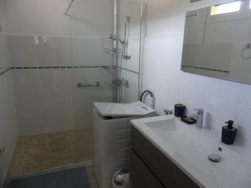 La salle de bains est pourvue d'une douche, d'un lavabo et de toilettes. dans l'établissement BEL APPARTEMENT TYPE F3, à Amélie-les-Bains-Palalda