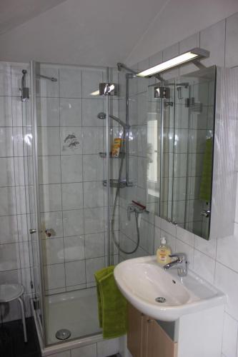 y baño con ducha, lavamanos y ducha. en Ferienwohnung Krittian en Teisendorf