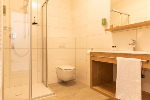 a bathroom with a shower and a toilet and a sink at Pitztal Living Apartments in Jerzens