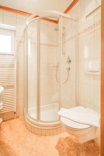 a bathroom with a shower and a toilet at Fortuna Apart Hotel B&B in Ischgl