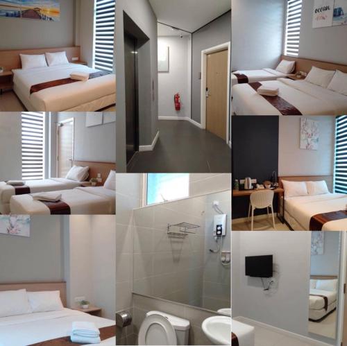 a collage of four pictures of a hotel room at MD Boutique Hotel in Kampar