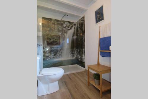 a bathroom with a toilet and a bath tub at Casa con piscina privada en Cercados de Espino in Las Casillas