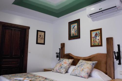 a bedroom with a bed and a green ceiling at Posada y Apartamentos Trebuesto de Guriezo in Trebuesto