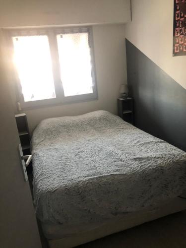 - une petite chambre avec un lit et 2 fenêtres dans l'établissement Avenue des Gabions résidence super deauville, à Villers-sur-Mer