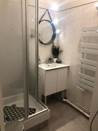 a bathroom with a shower and a sink and a mirror at Avenue des Gabions résidence super deauville in Villers-sur-Mer