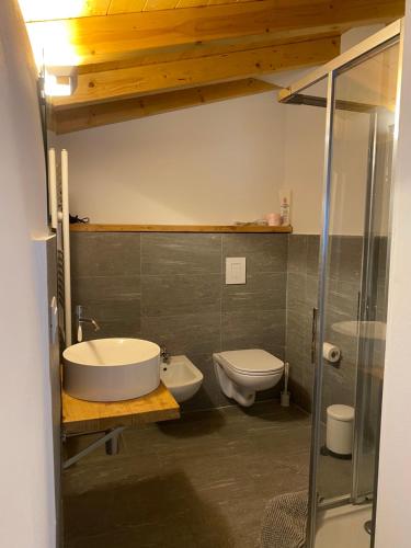 a bathroom with a sink and a toilet at OSTERIA al CANTONACCIO APARTMENTS in Brusimpiano
