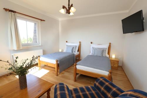 a room with two beds and a couch and a tv at Hotel Zámeček Janovičky in Broumov