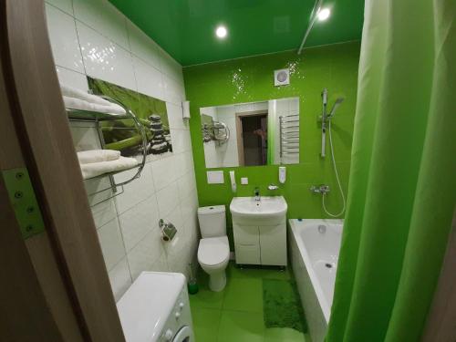 a green bathroom with a toilet and a sink at VIP APARTMENTs in Luts'k