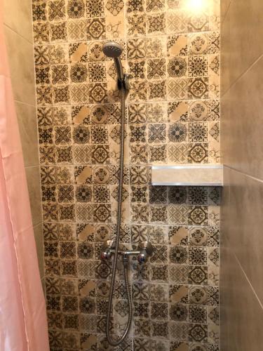 a shower in a bathroom with a tile wall at Mosoly Szallashely in Szeged
