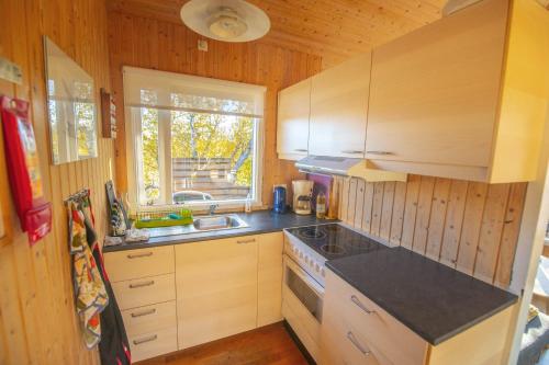 eine Küche mit Holzschränken, einem Waschbecken und einem Fenster in der Unterkunft Cabin in the lava. Near Húsavík in Skogar