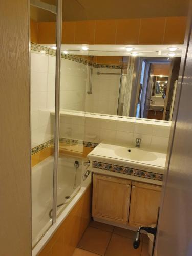 une salle de bain avec une baignoire, un lavabo et un miroir dans l'établissement Appartement Les Restanques du Golfe de Saint-Tropez, à Grimaud