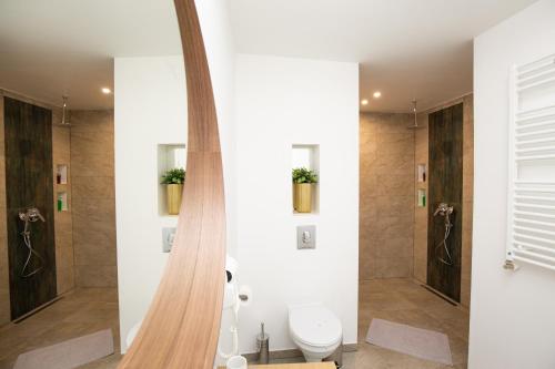 a bathroom with a shower and a toilet in it at Metropole Apartments Old Center in Bucharest