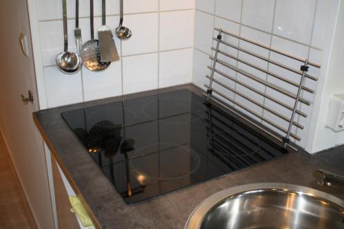 a kitchen with a stainless steel sink and a stove at Comfort-App ZEEDUIN, op Beg grond met Terras - volledige KEUKEN - Resort Amelander Kaap, Gratis verwarmd Hotel-ZWEMBAD in Hollum