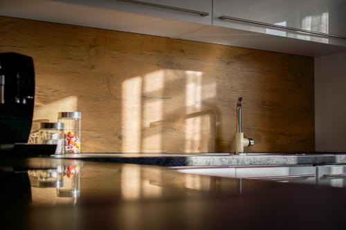 a kitchen with a sink and a wooden wall at Ferienwohnung Donau in Balingen
